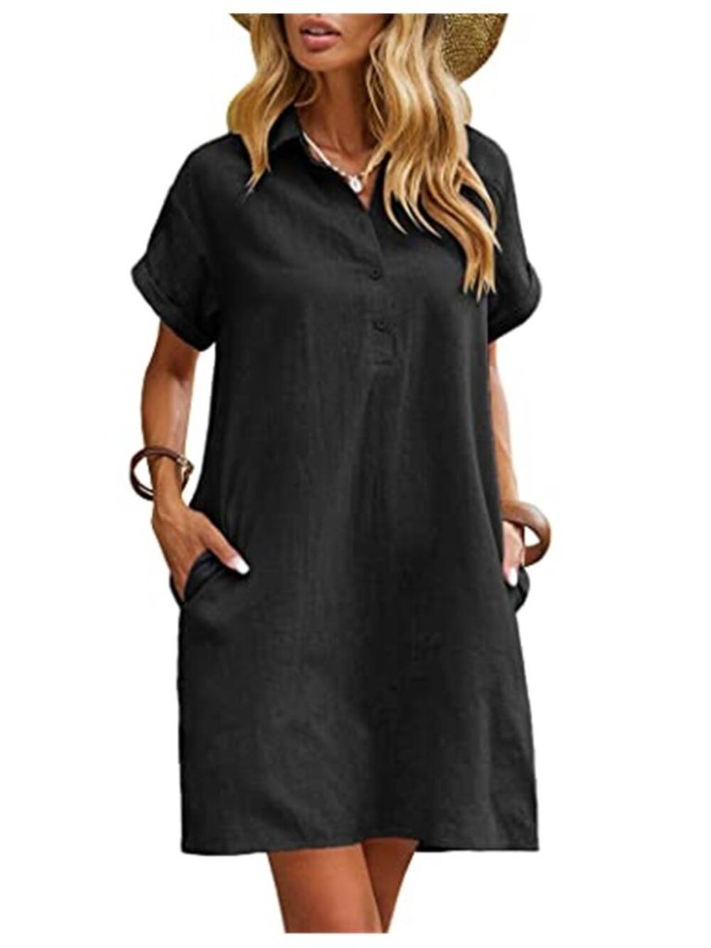 Black Cotton Button Down Shirt Dress Short Sleeve Pockets Beach Cover Up